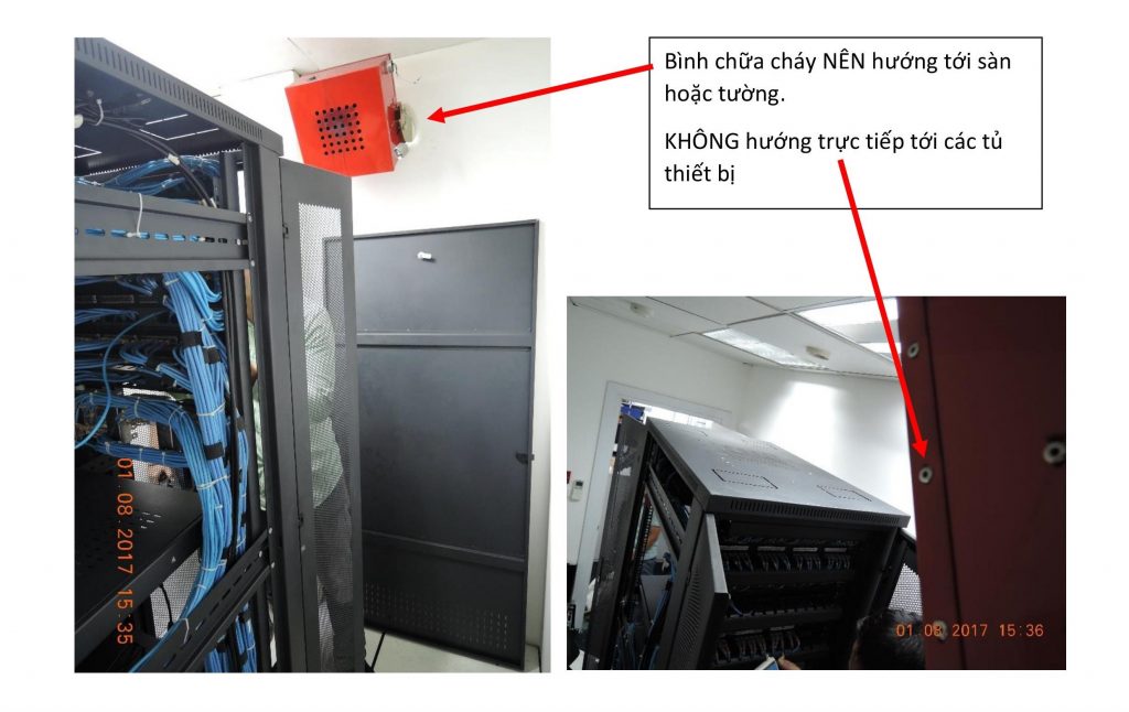 KHÔNG NÊN lắp bình chữa cháy FirePro Xtinguish hướng trực tiếp vào các thiết bị trong phòng 